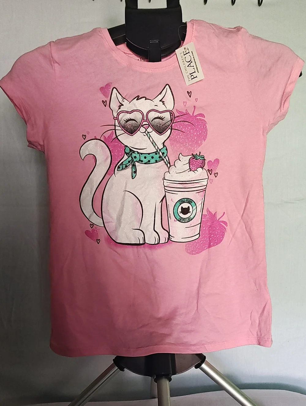 The Children's Place Pink Cat & Milkshake Graphic Tee with Teal Scarf